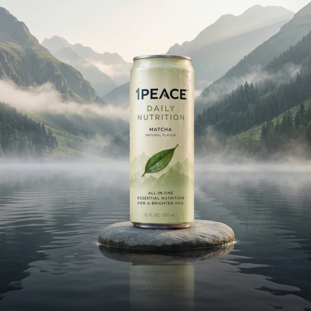 A cold 1PEACE MATCHA daily nutrition can with condensation, standing on a stone beside a misty alpine lake with layered mountains
